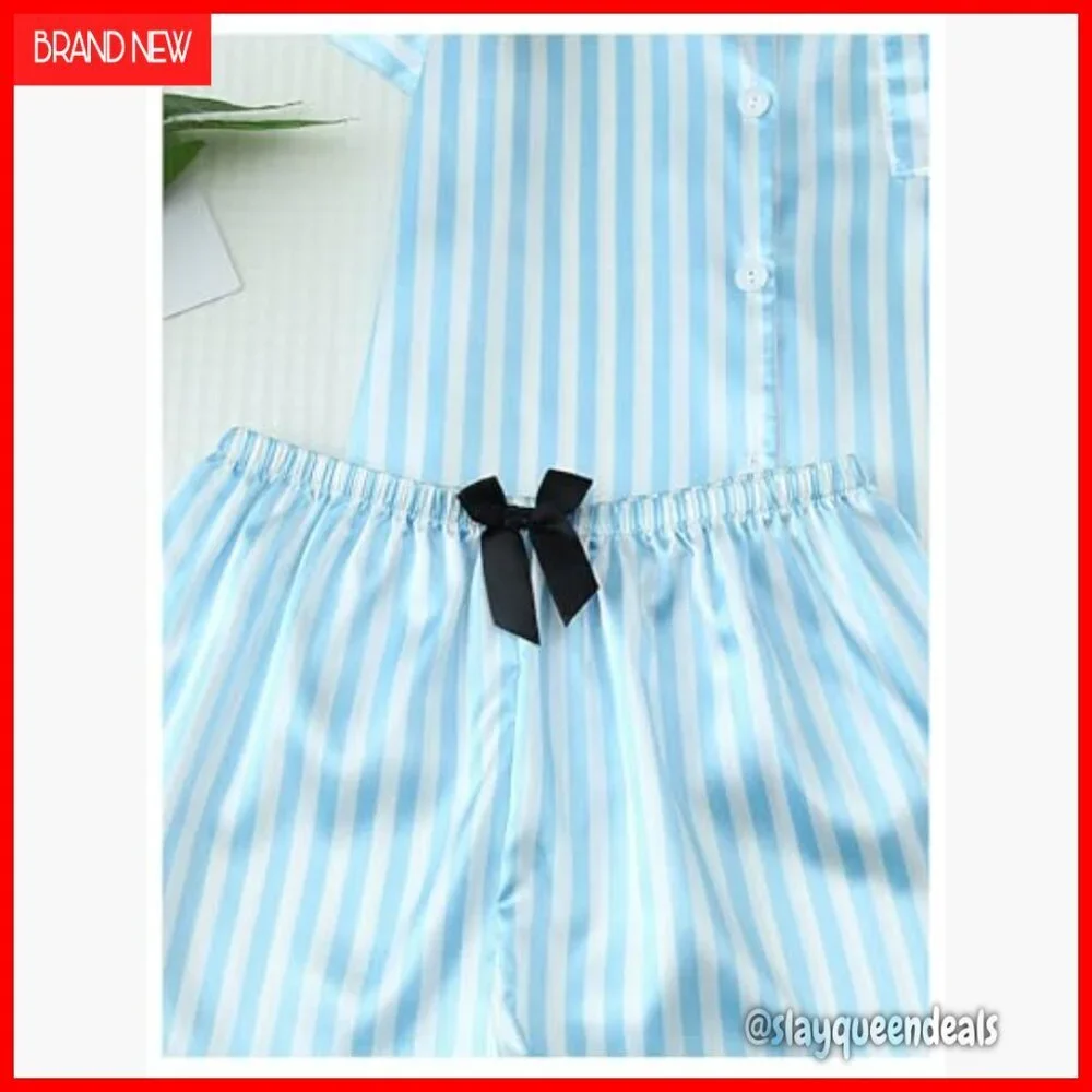 Satin Pajama Set with Button Up Top and Shorts, Striped Silk Pajamas